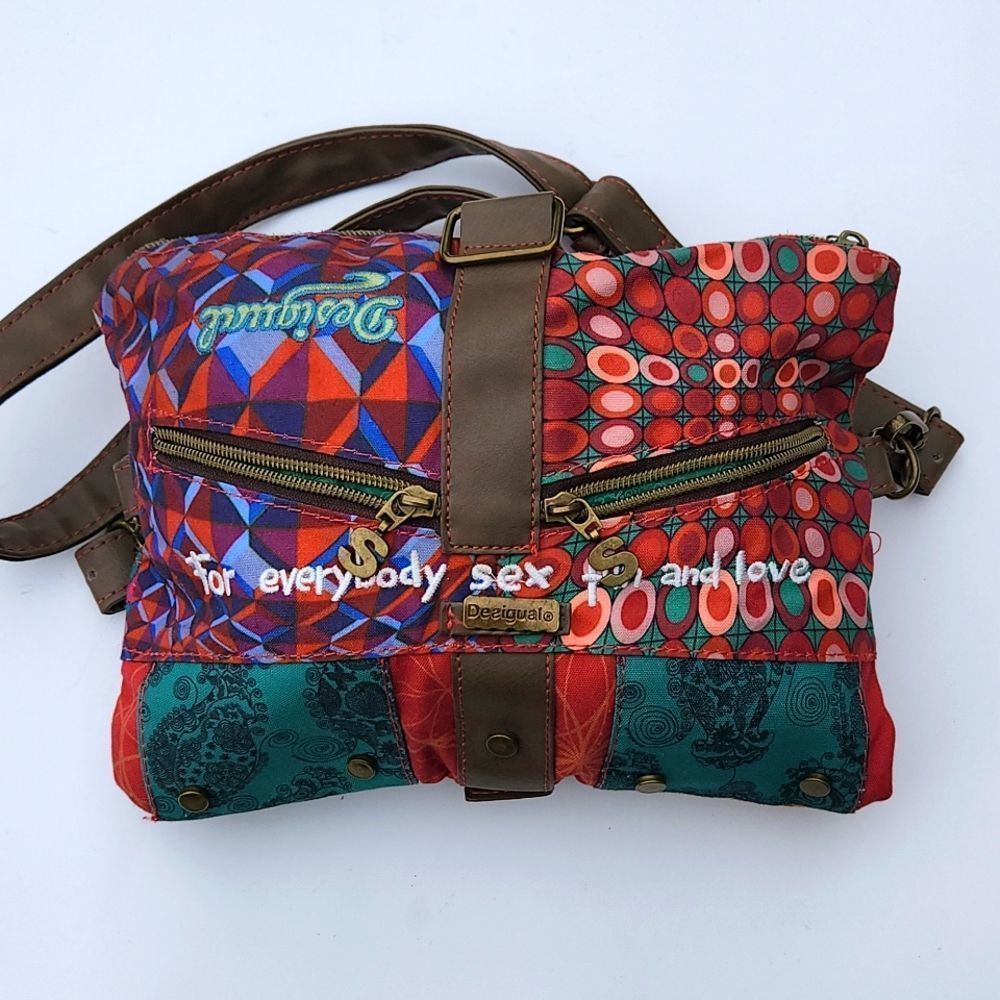 Desigual designer Crossbody Bag multi pattern green red embroidery leather